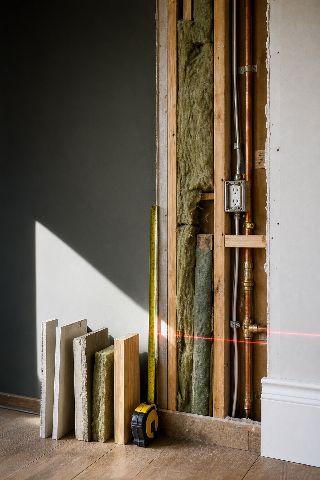 A measured wall cutaway exposes drywall, insulation, framing, plumbing, and electrical layers beside matching replacement materials.