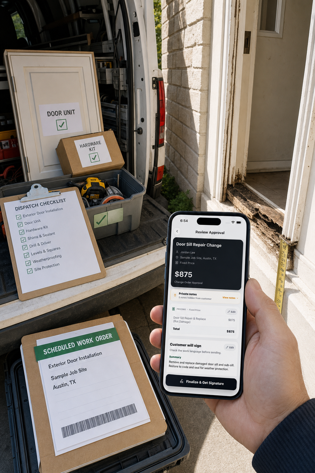 A scheduled exterior-door work order sits beside the dispatched materials while JobSign documents newly discovered sill repair as a priced change.