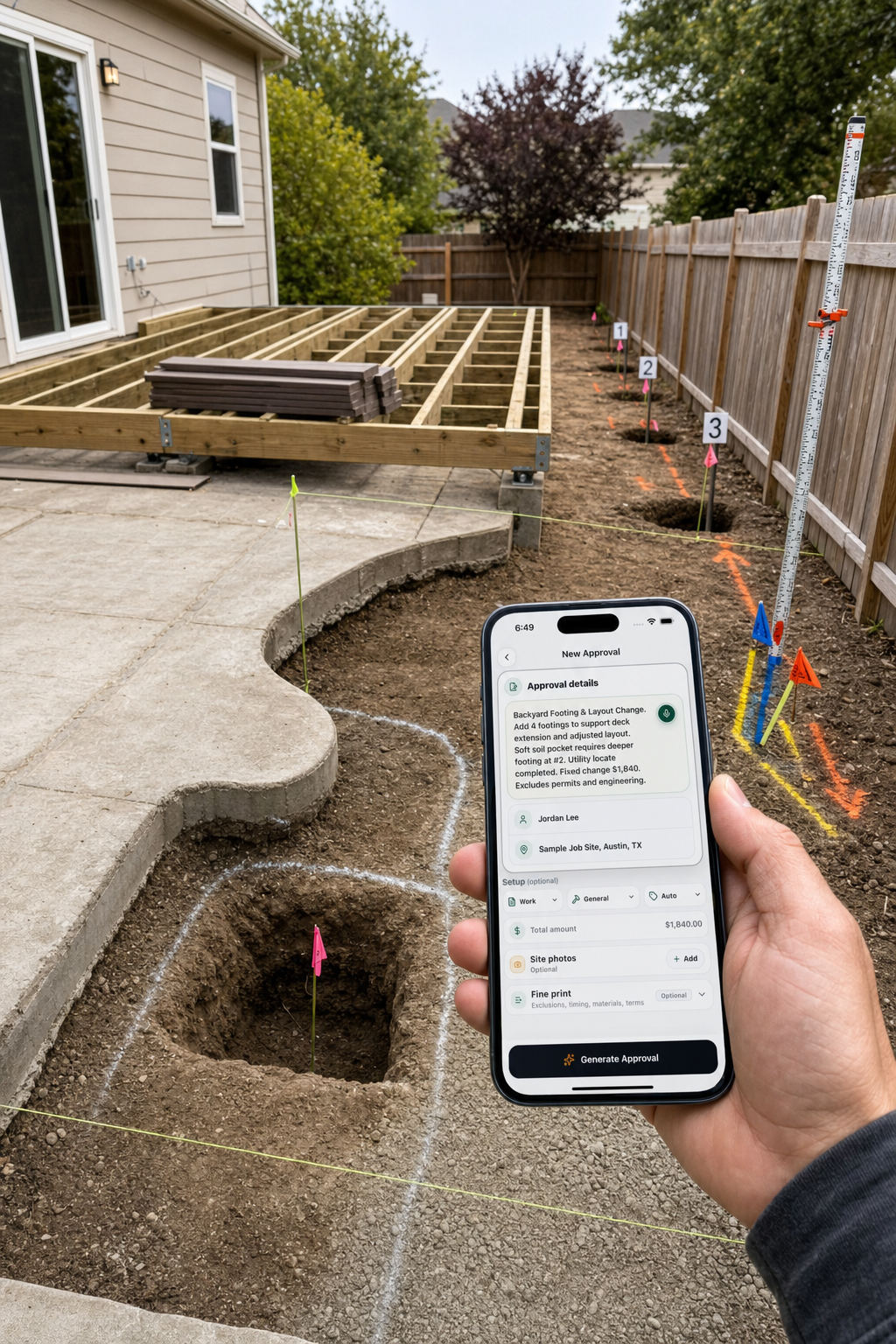 A contractor uses JobSign to approve a backyard footing and layout change beside concrete, deck framing, fence post holes, measurements, and utility markings.