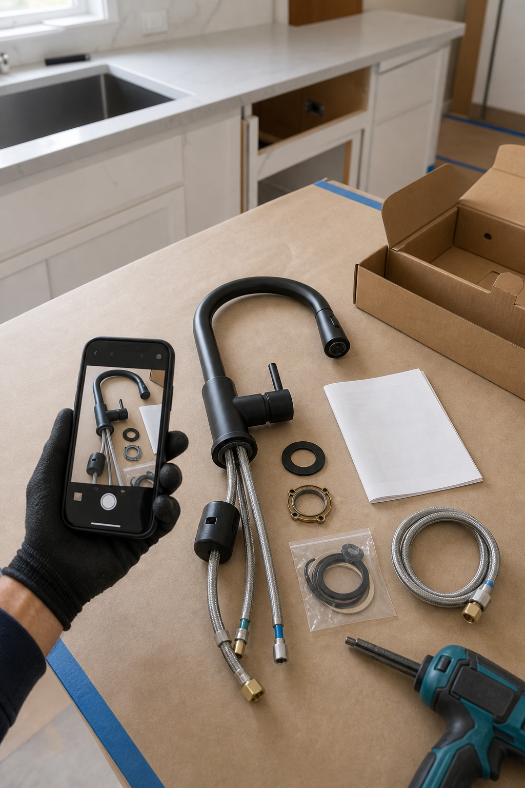 A contractor documents a customer-supplied faucet and its parts before installation.