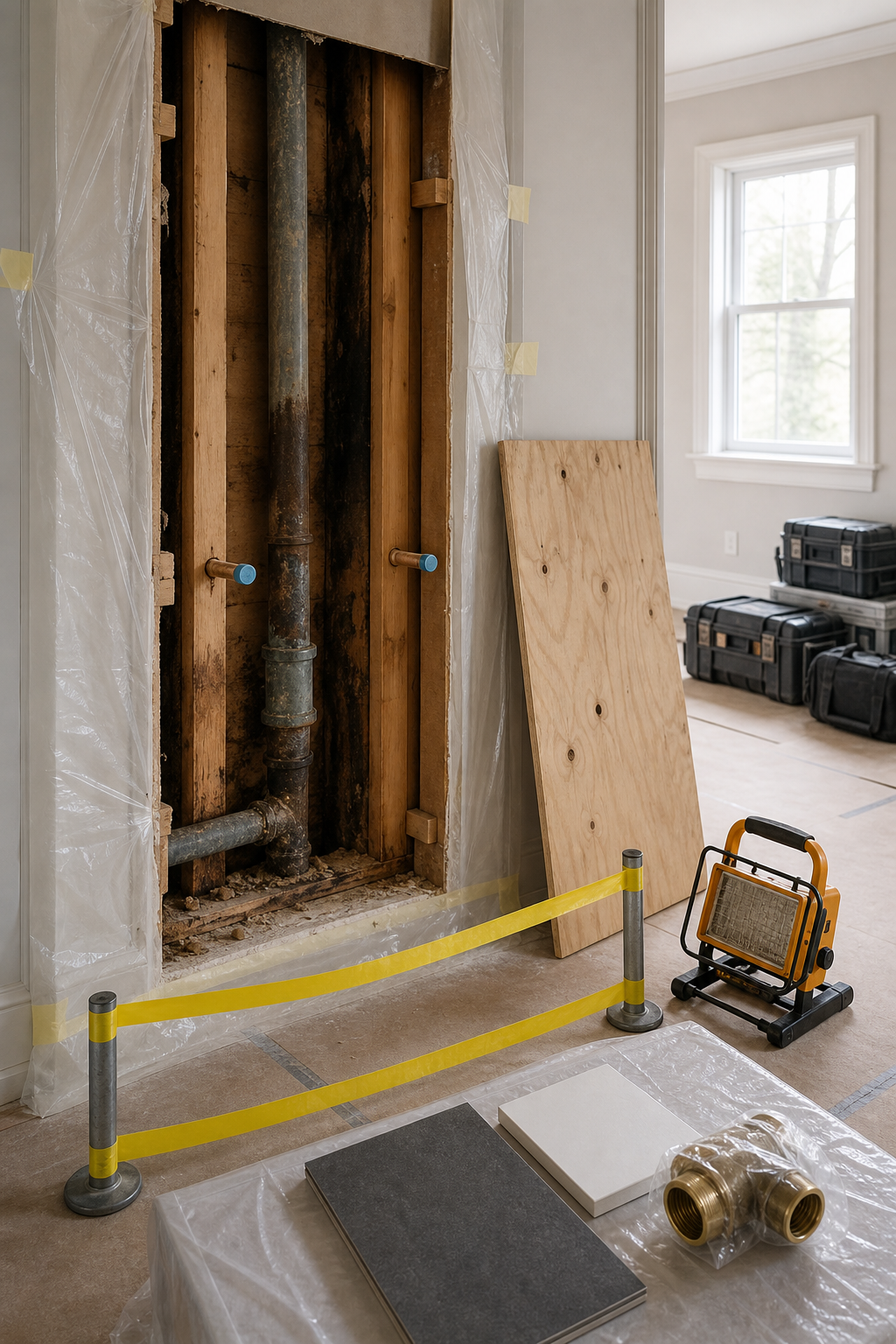 An exposed hidden pipe condition is safely isolated while tools and replacement materials remain unused.