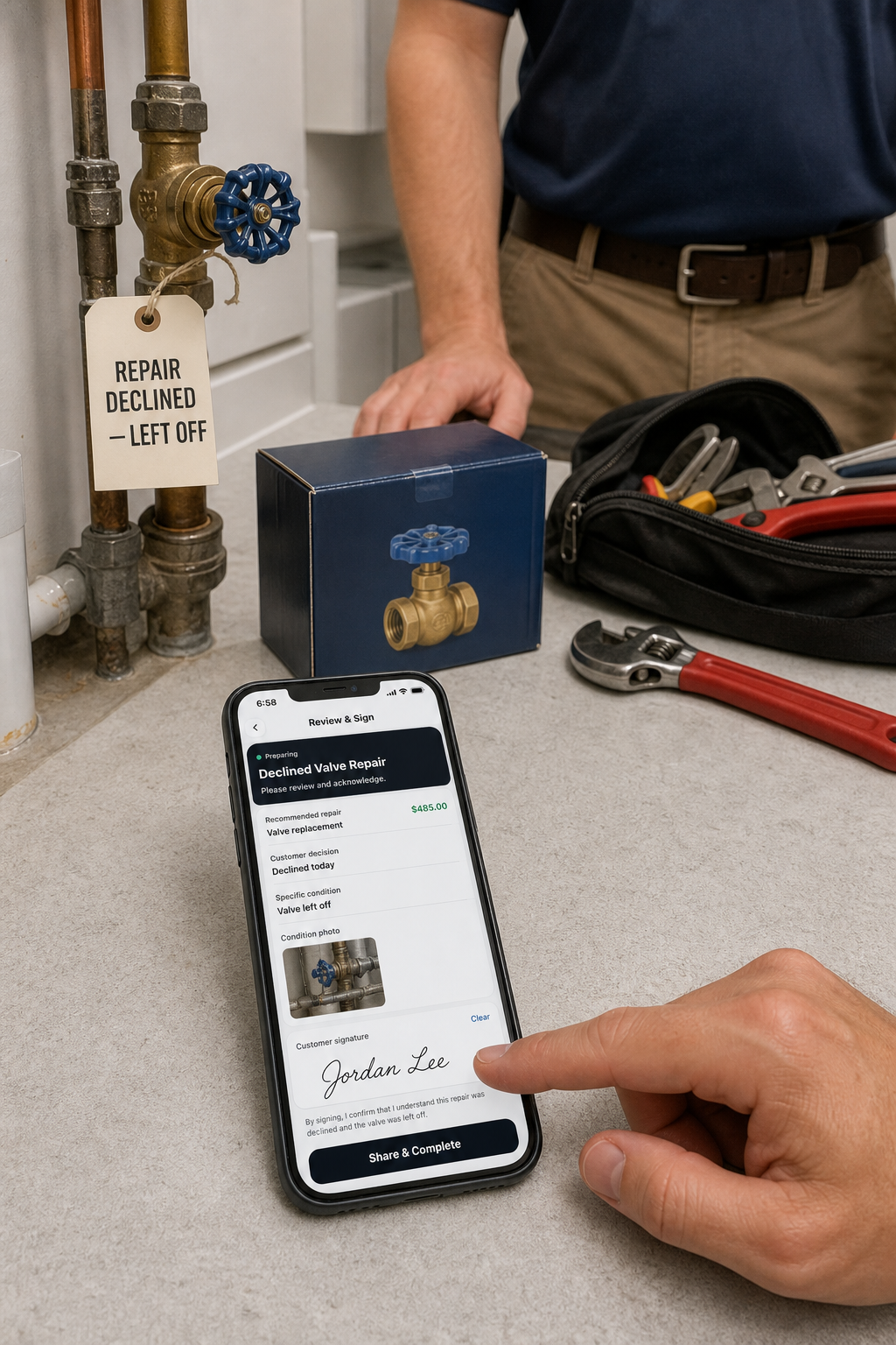 A normally proportioned phone shows a JobSign declined valve repair acknowledgment beside the tagged isolated valve, sealed replacement, and packed tools.