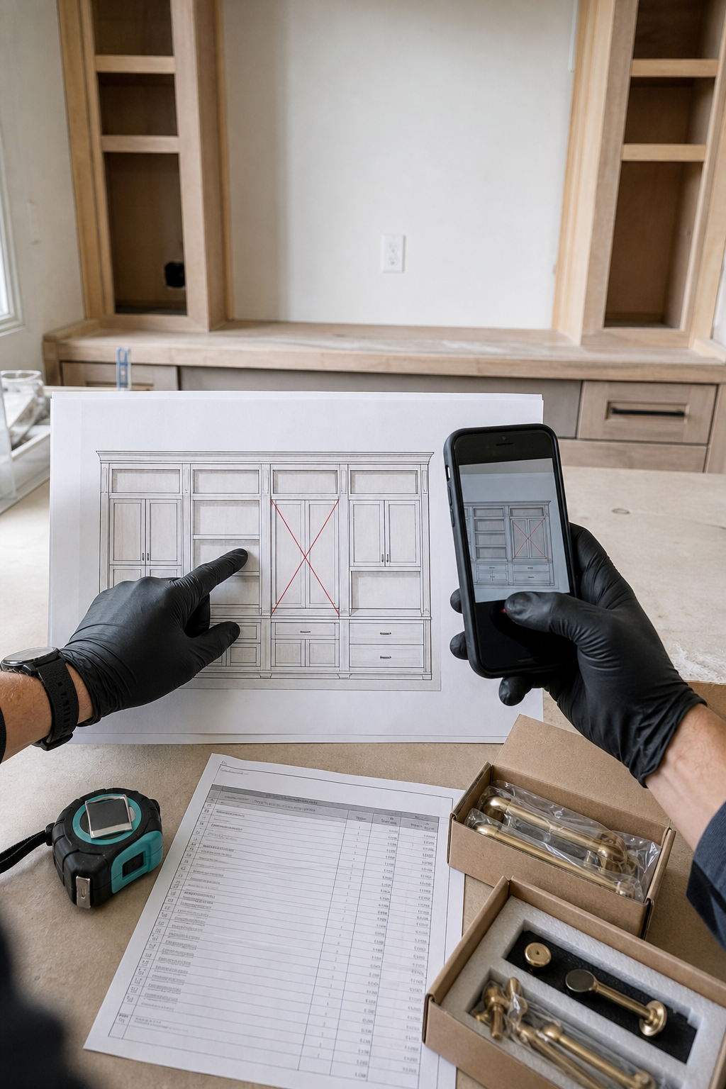 A contractor documents a cabinet bay removed from project scope.