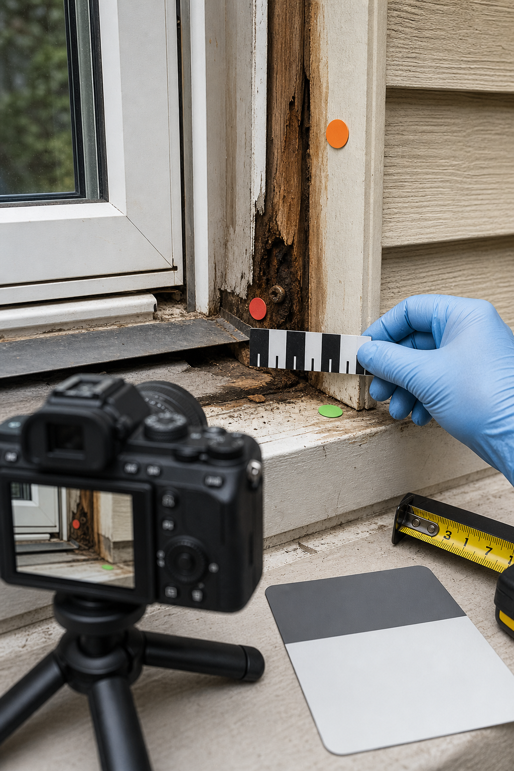 A contractor photographs concealed window-sill damage with a scale, color references, and an orientation marker.