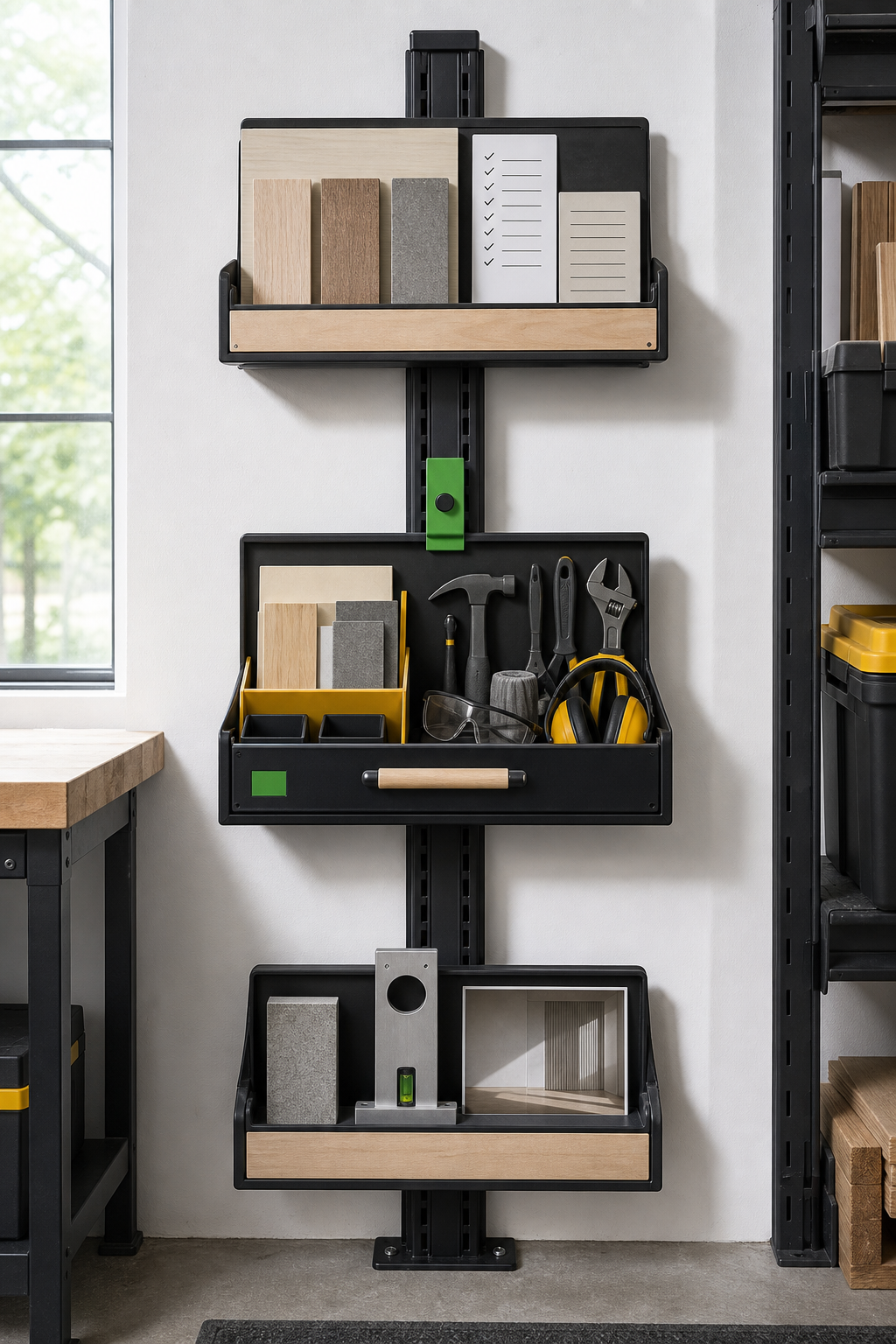 A vertical contractor workflow rail connects material samples and proposal details to an approved field kit and tested closeout result.