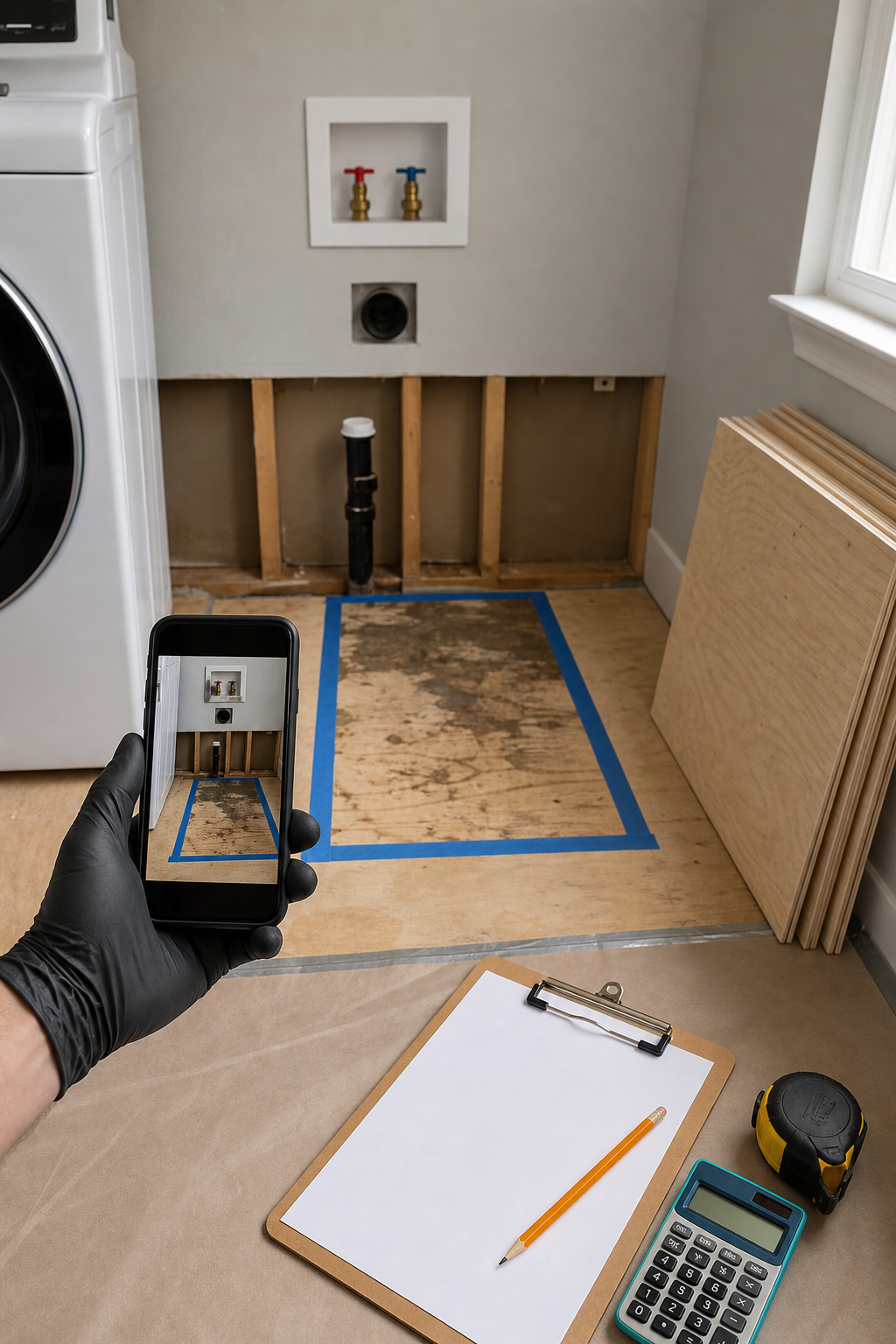 A contractor documents a marked subfloor repair area before extra work begins.