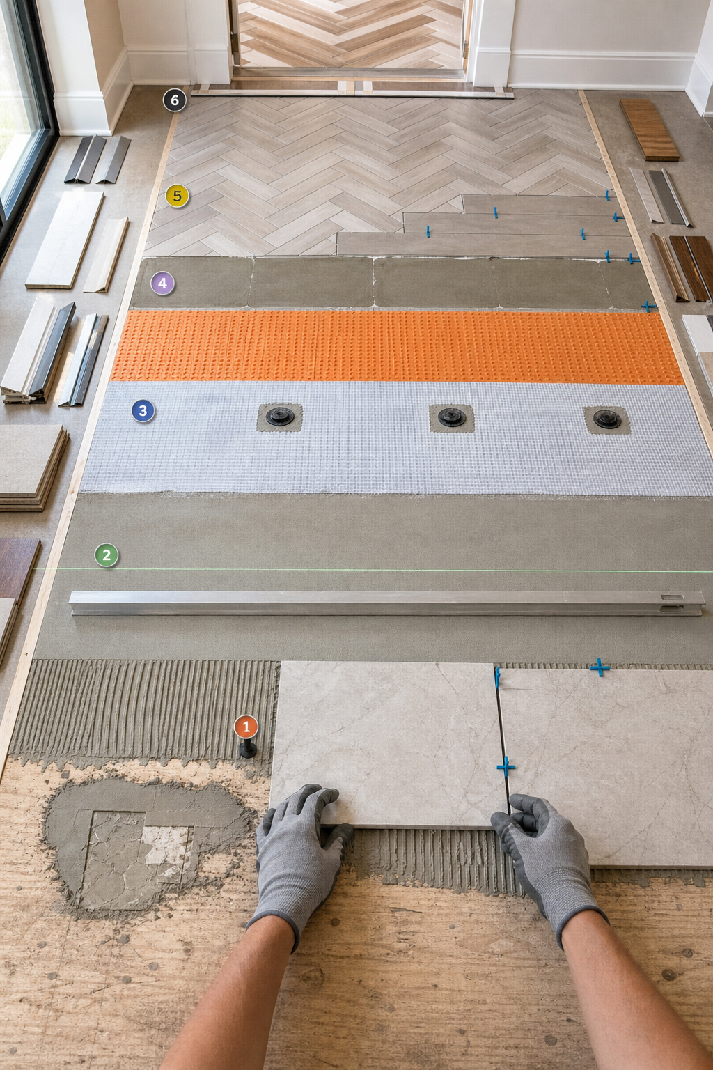 Six flooring test zones progress from substrate repair and flatness through moisture, membrane, layout, and transitions.