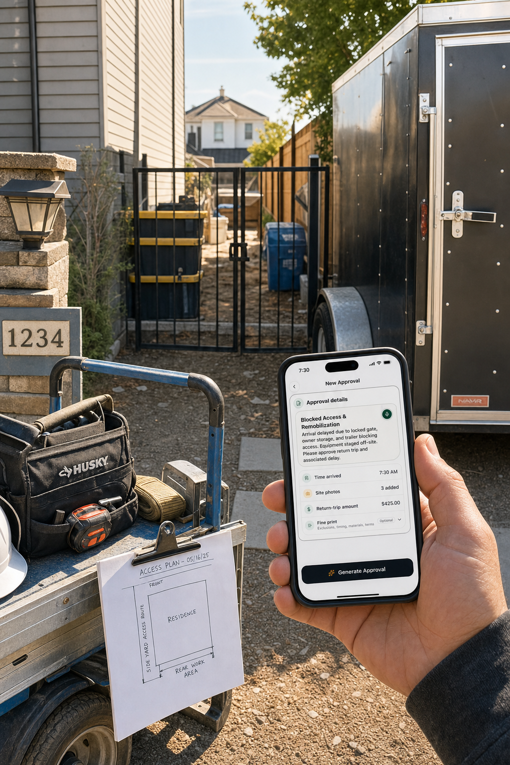 A contractor documents a locked, storage-blocked side-yard route and remobilization charge in JobSign while equipment waits outside.