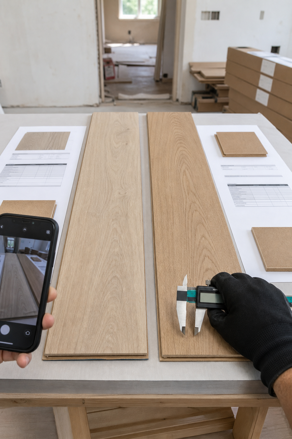 A contractor compares and measures two flooring products before approving a substitute.
