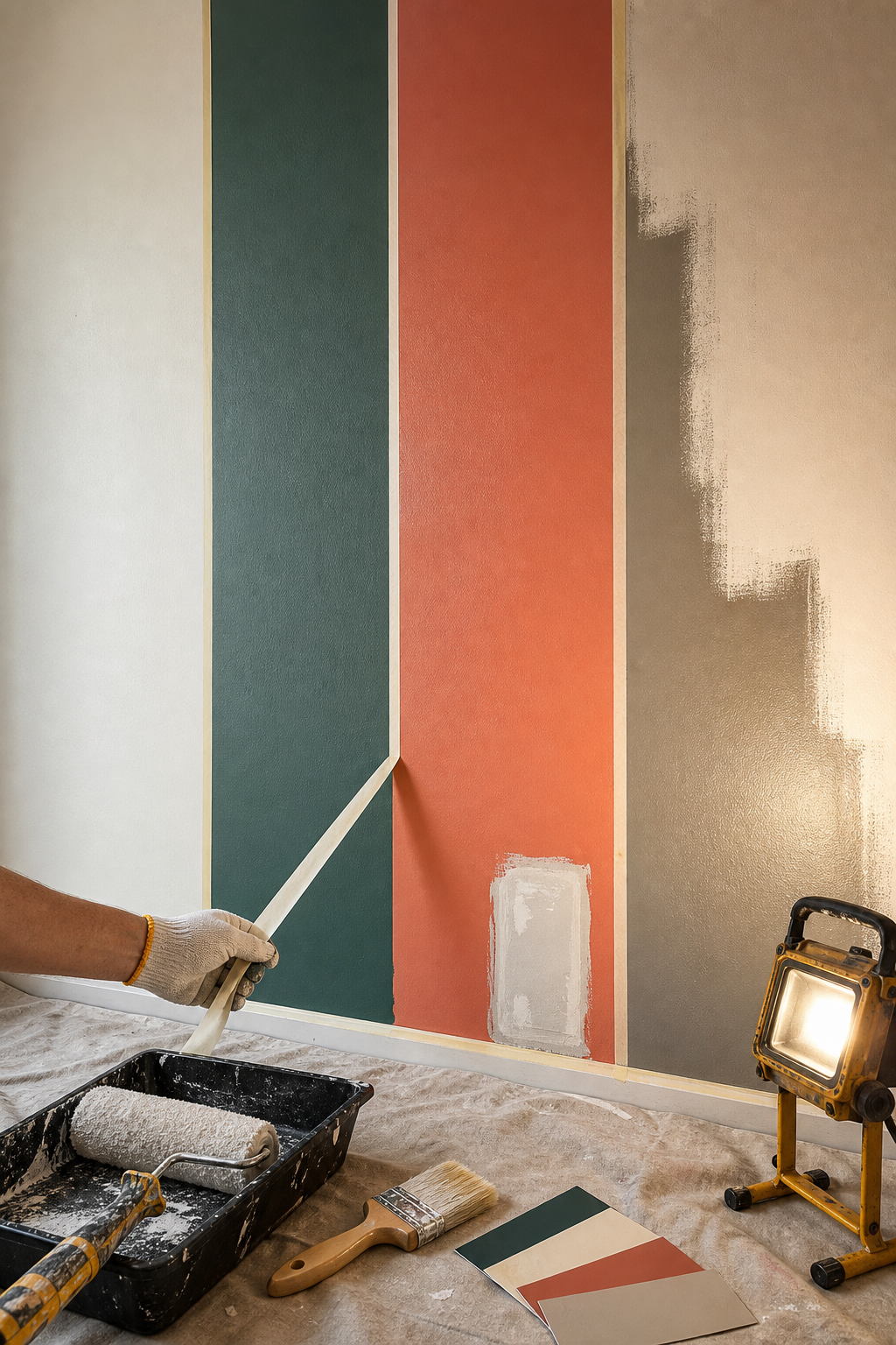 Four full-height paint test fields show color, coverage, repaired substrate, and sheen under a raking work light.