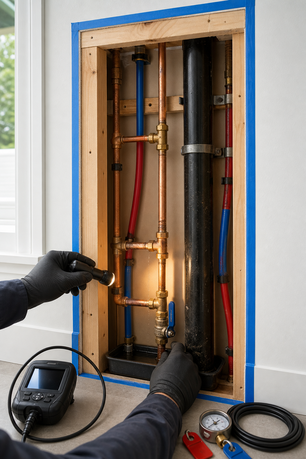 A controlled wall opening reveals supply and drain lines while a technician inspects a suspected leak beside a local shutoff.