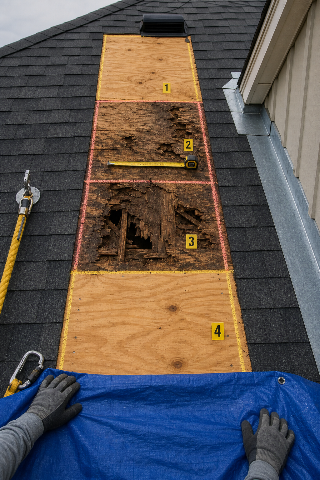A measured tear-off strip shows sound deck, damaged sheathing zones, replacement panels, flashing, and a weather-cover stop boundary.