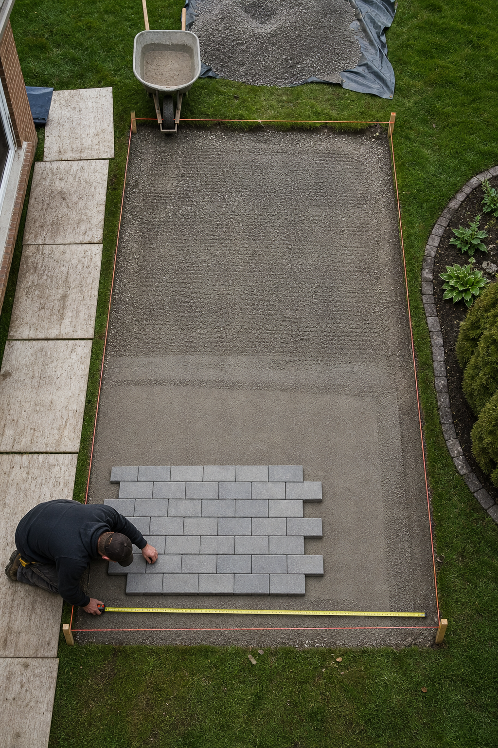 A contractor measures a clearly staked paver patio boundary with preparation and pattern visible.