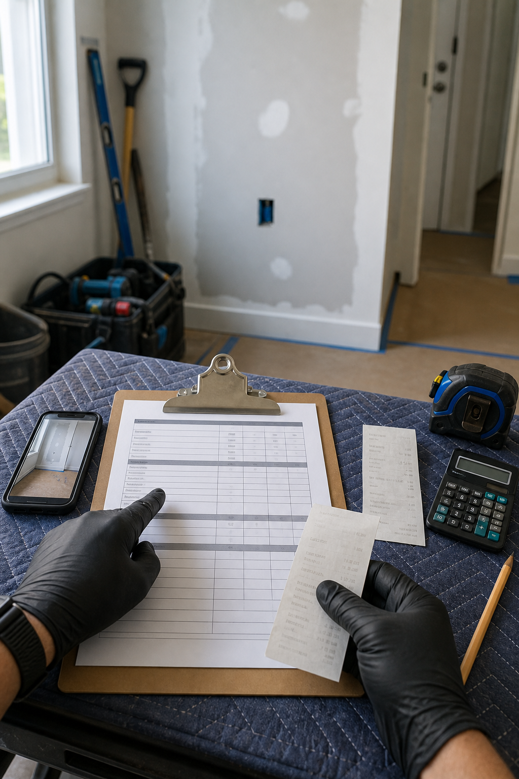 A contractor reviews a daily T&M ticket with receipts and a progress photo.