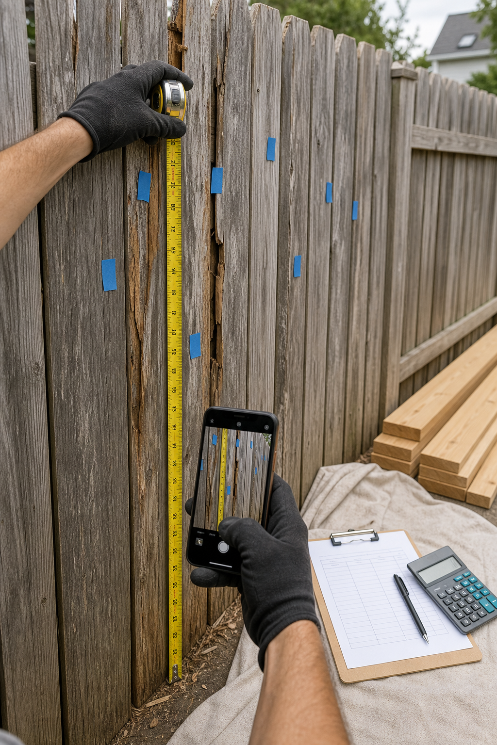 A contractor measures and documents fence boards for unit-priced extra work.