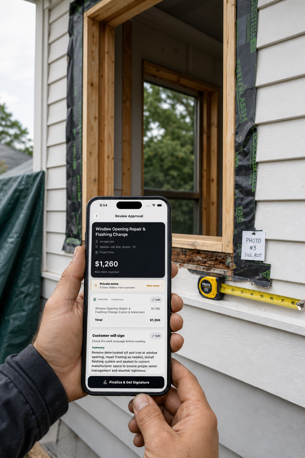A contractor reviews a JobSign window opening repair and flashing change approval beside a measured rough opening with localized sill damage.