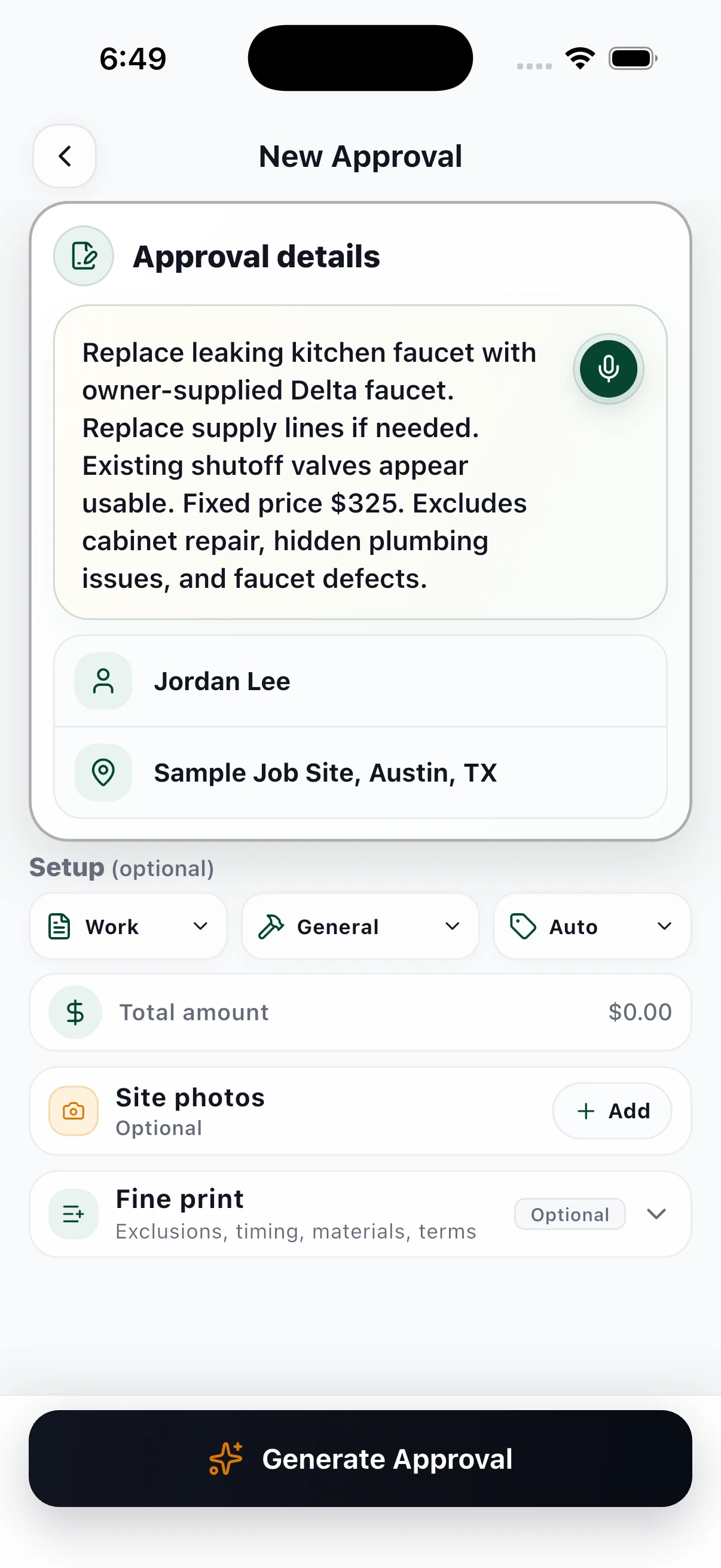 JobSign screen: describing the job in plain language.