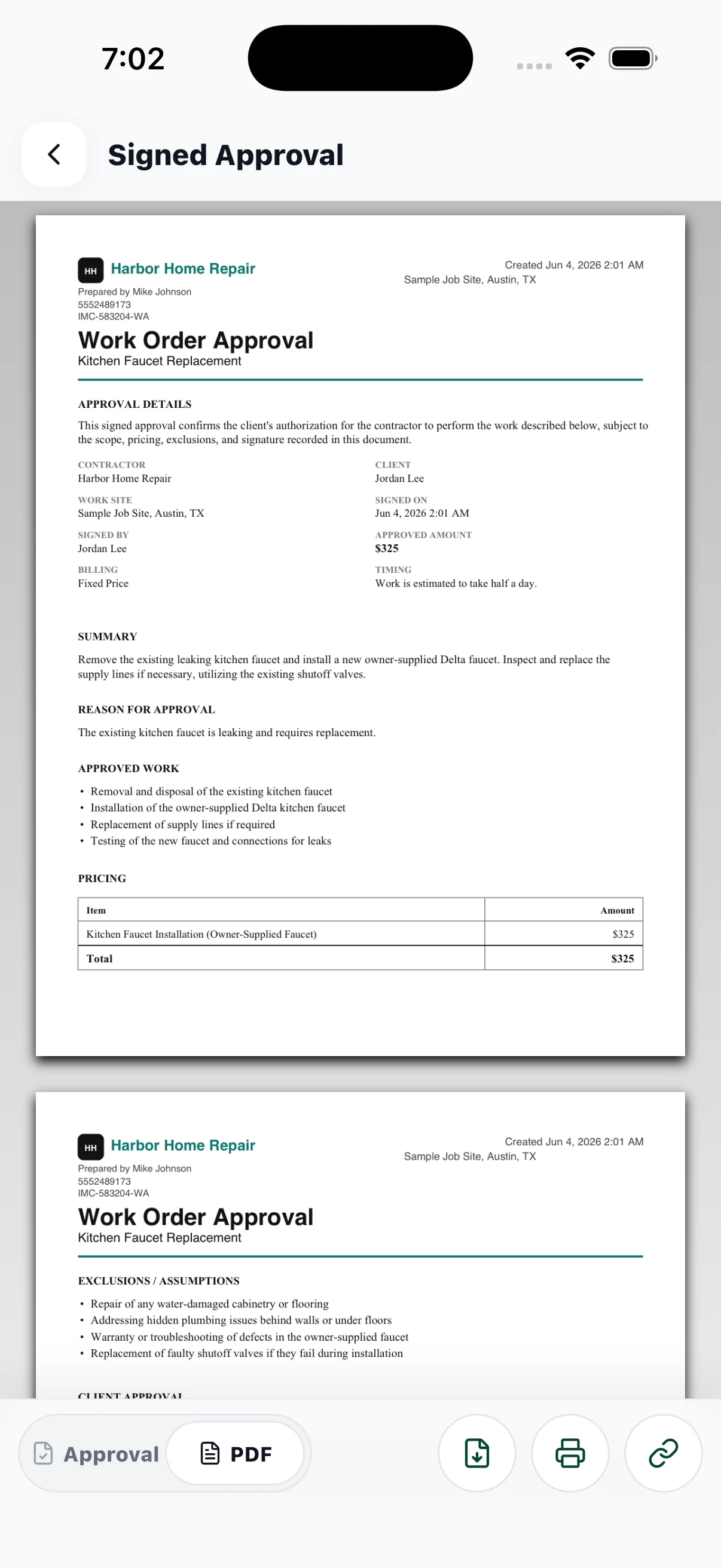 JobSign screen: the final signed PDF approval.
