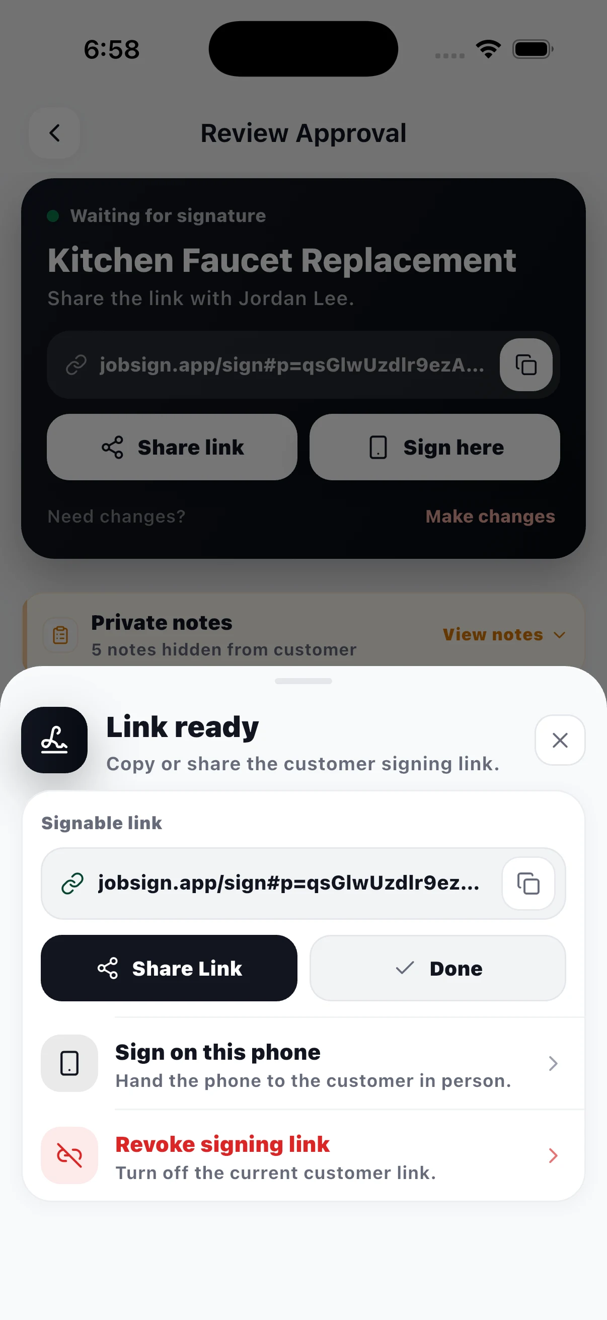 JobSign screen: choosing in-person signing or a signing link.